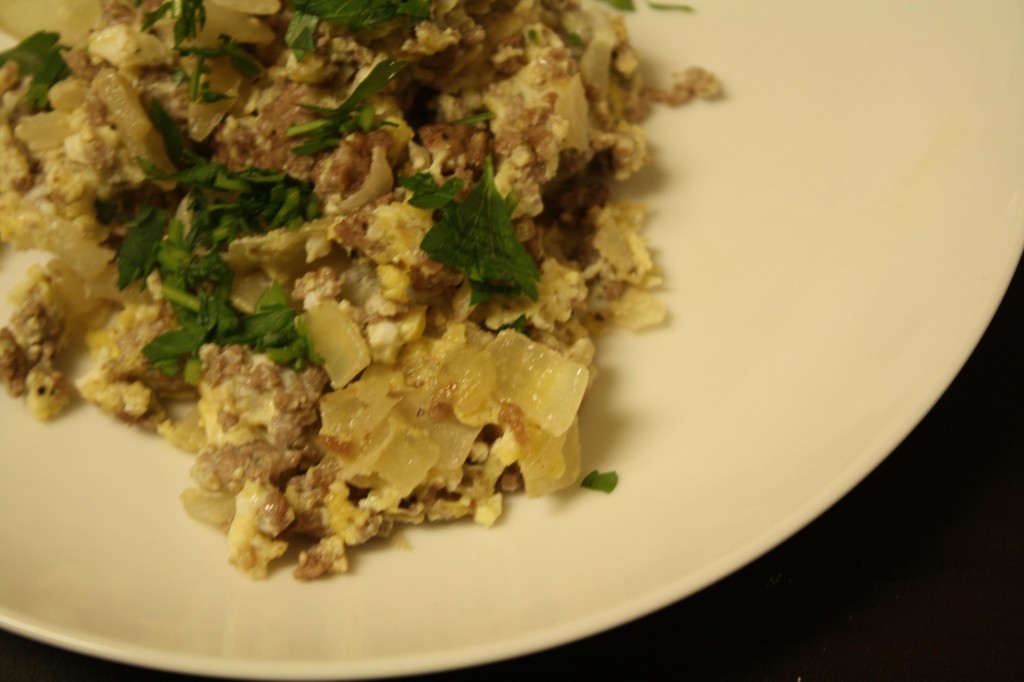 An Edible Mosaic- Scrambled Eggs with Meat and Onion