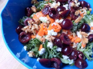 SALAD RECIPES- Massaged Kale Feta Salad with Pickled Cherries and Walnuts