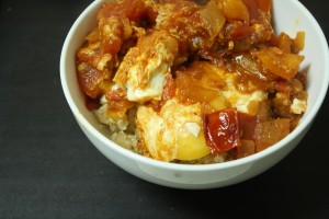 An Edible Mosaic- Juzmuz Eggs Poached in Spicy Tomato Sauce