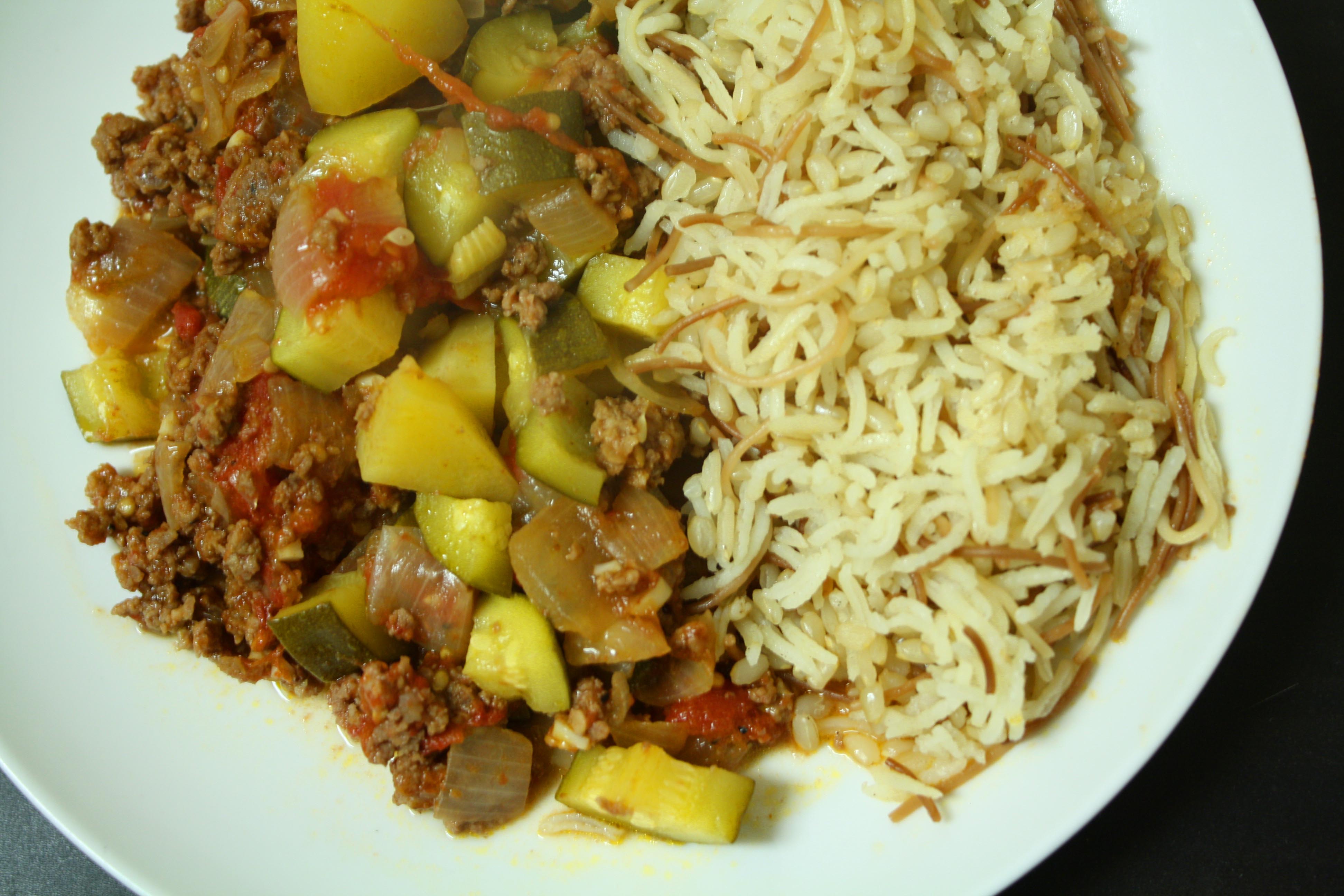 An Edible Mosaic- Meat and Vegetable Casserole with Pomegranate and Rice with Toasted Vermicelli