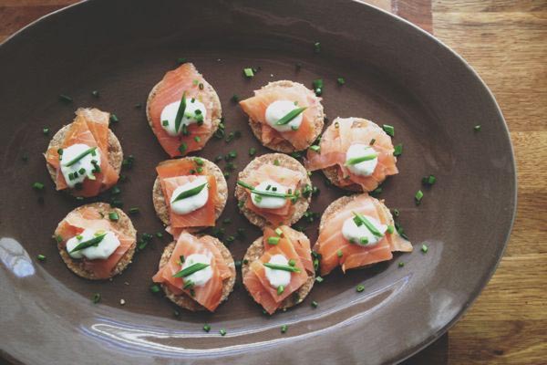 Sesame Crackers with Smoked Salmon and Chive Creme Fraiche Nicole Gulotta