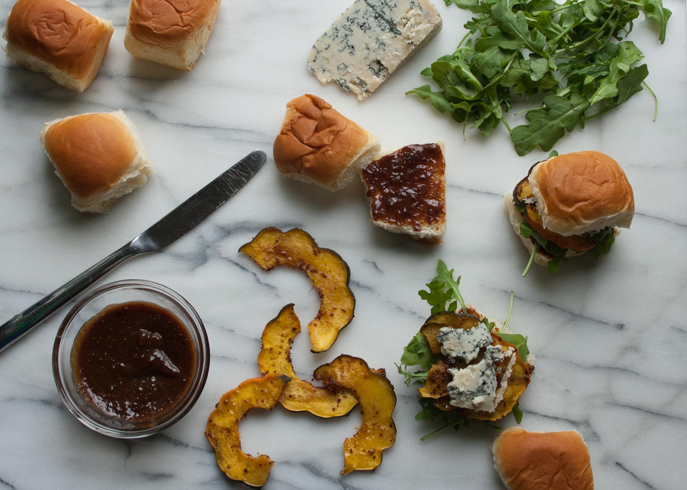 Acorn Squash Sliders with Blue Cheese & Fig Mustard